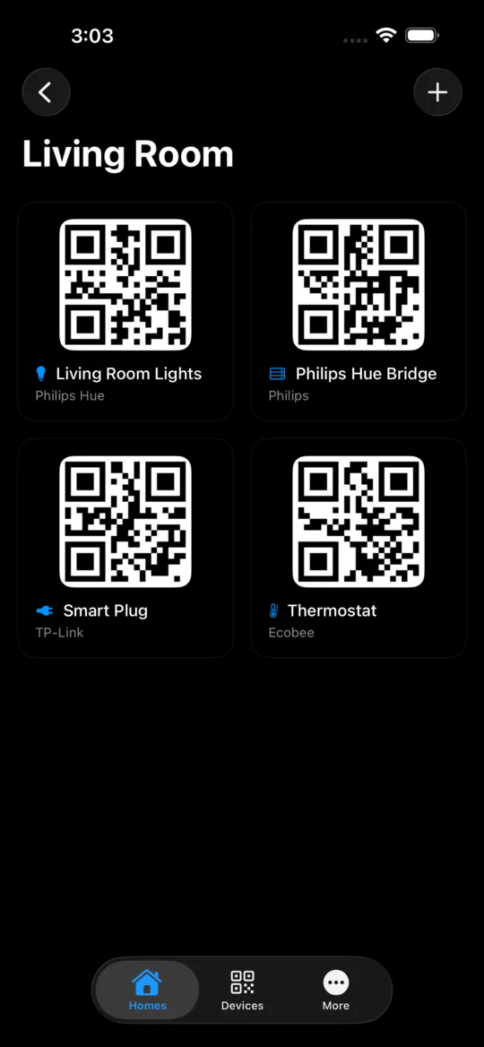 SmartHomeQR on iPhone showing the Living Room with four saved devices, each with its QR code: Living Room Lights, Philips Hue Bridge, Smart Plug and Thermostat.