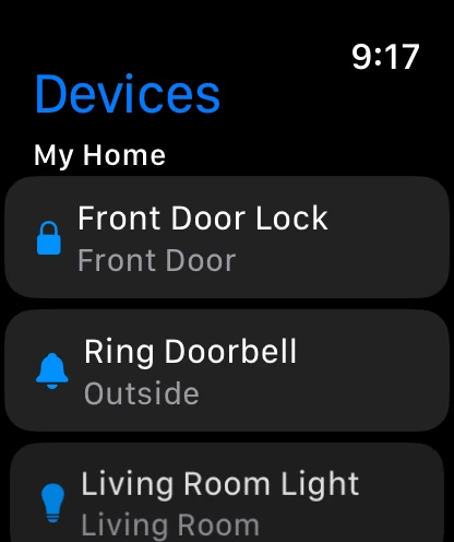 SmartHomeQR on Apple Watch listing the devices in My Home: Front Door Lock, Ring Doorbell and Living Room Light, each with its room.